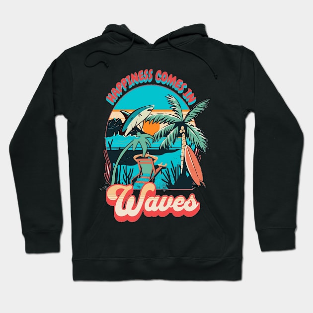 Happiness Comes In Waves, Hello Summer Vintage Funny Surfer Riding Surf Surfing Lover Gifts Hoodie by Customo